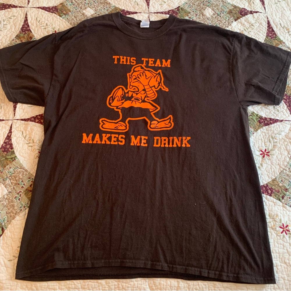Cleveland Browns “This Team Makes Me Drink” Shirt, featuring “Brownie” Logo.